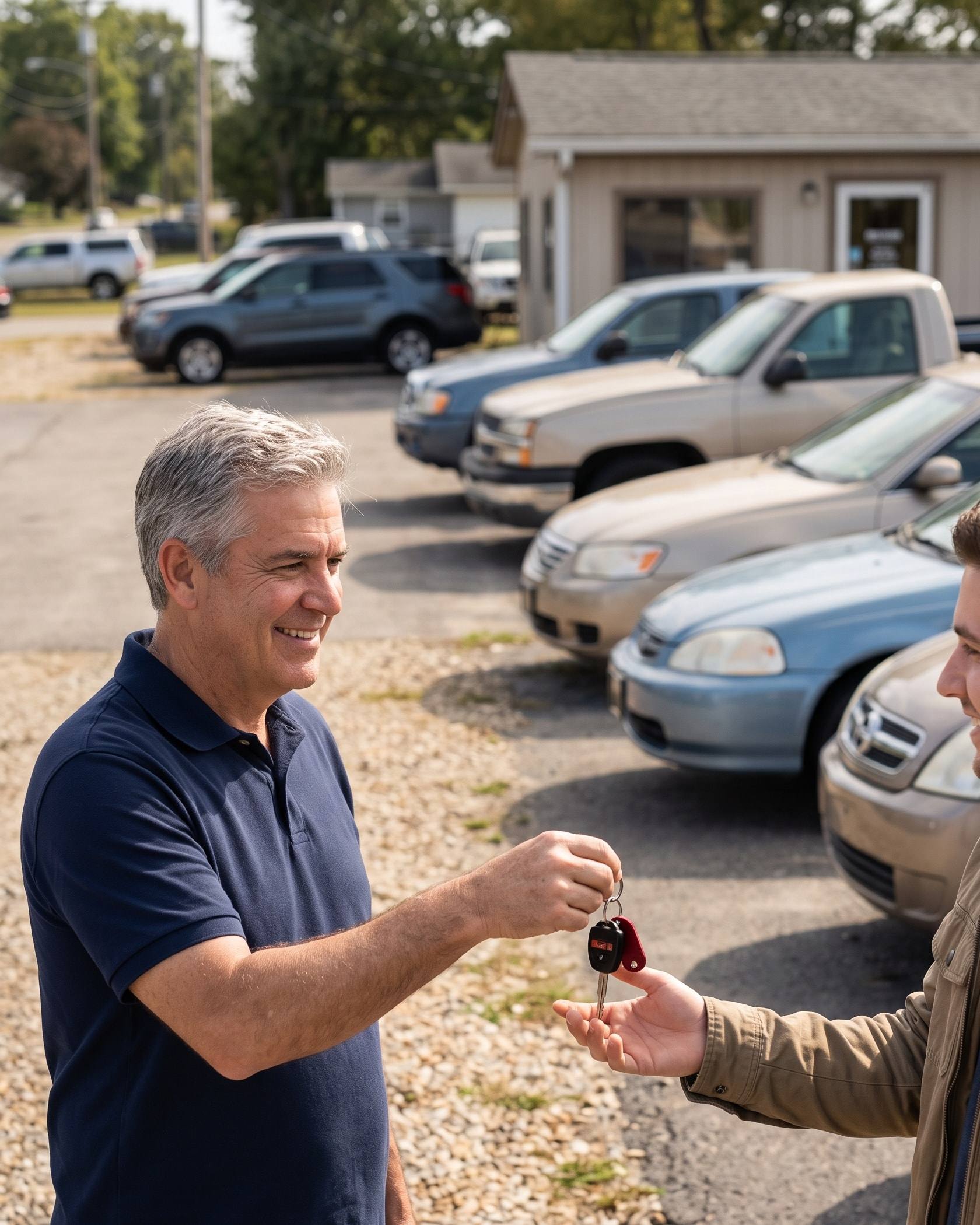 A used car dealer handing keys to a customer on his lot