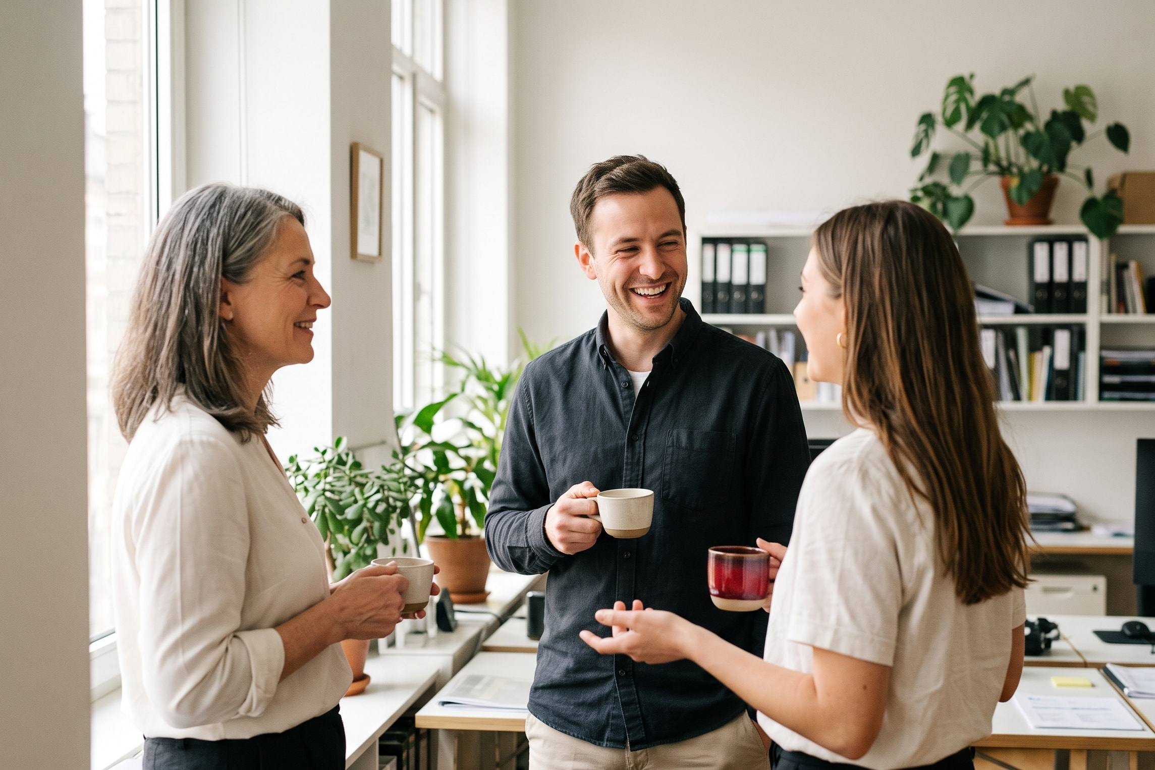Three colleagues catching up over coffee by a window in the office