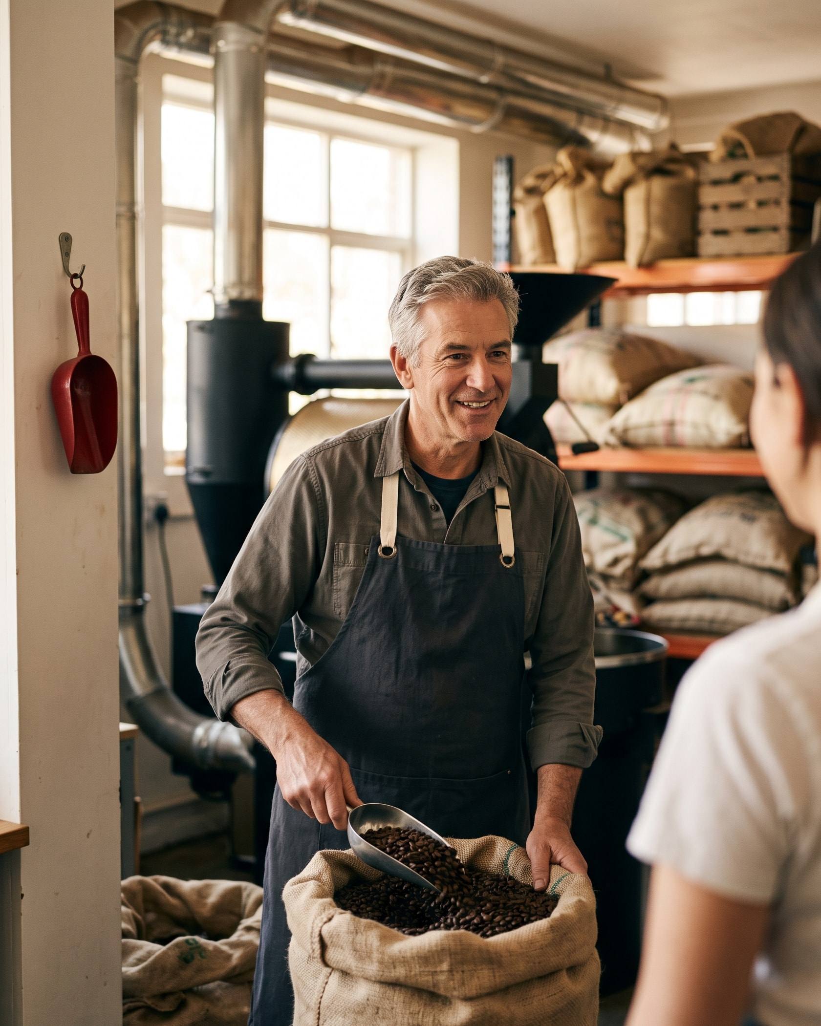 A coffee roastery owner scooping fresh beans while talking with a colleague